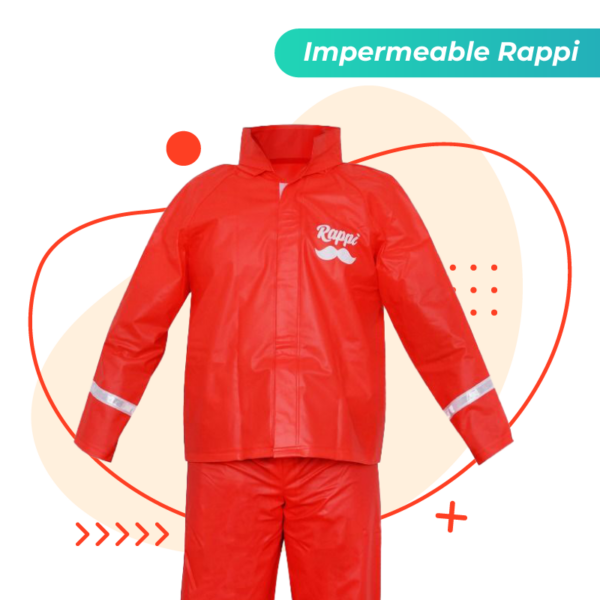 impermeable-rappi-1 Impermeable de dos piezas para repartidores de Rappi, presentado en vista frontal, destaca por su vibrante color naranja y elementos de seguridad integrados como los reflectivos en puños