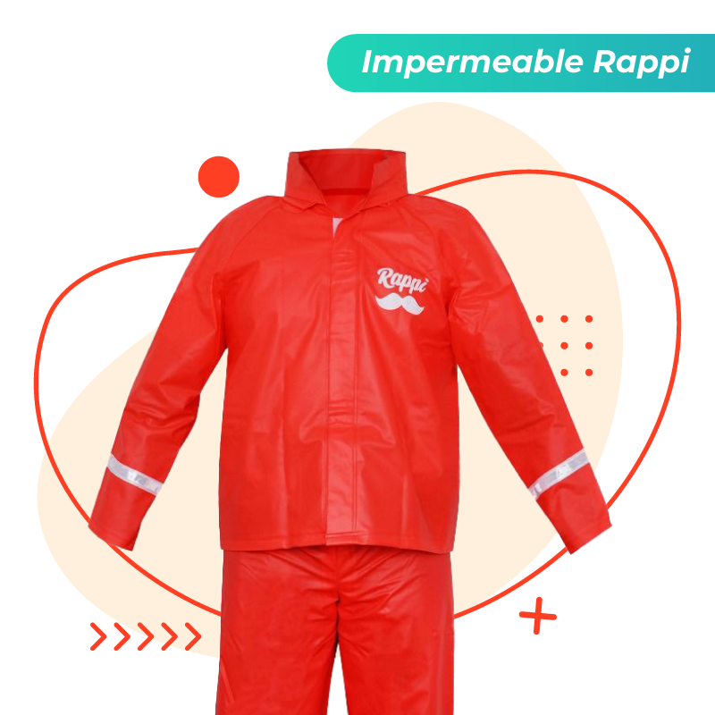 Impermeable de dos piezas para repartidores de Rappi, presentado en vista frontal, destaca por su vibrante color naranja y elementos de seguridad integrados como los reflectivos en puños