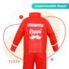 impermeable-rappi2 Impermeable oficial de Rappi parte trasera es un conjunto de dos piezas en color naranja vibrante, diseñado específicamente para garantizar la protección y visibilidad del repartidor en condiciones climáticas adversas.