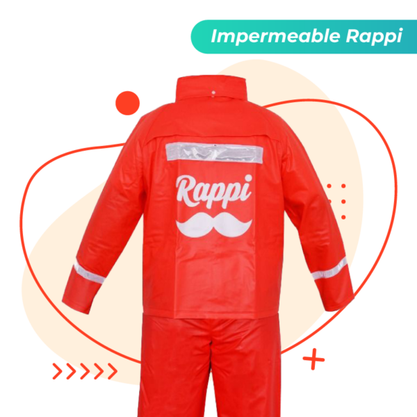 impermeable-rappi2 Impermeable oficial de Rappi parte trasera es un conjunto de dos piezas en color naranja vibrante, diseñado específicamente para garantizar la protección y visibilidad del repartidor en condiciones climáticas adversas.