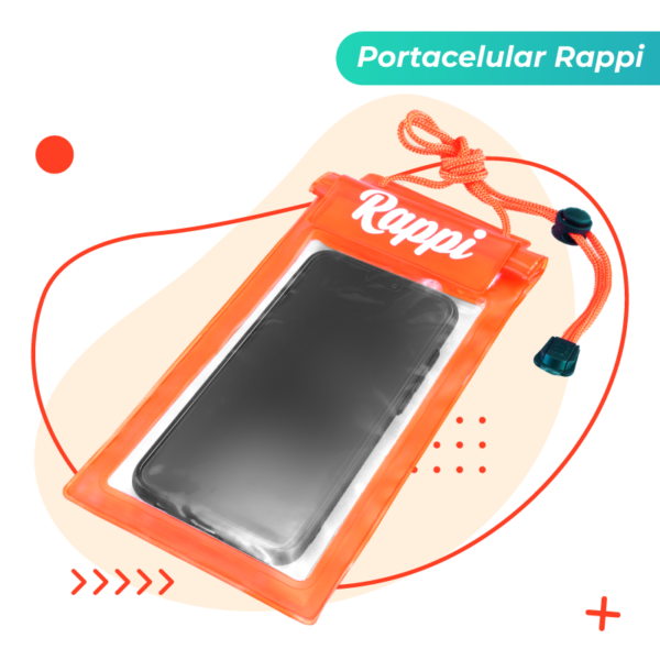 Portacelular Rappi color naranja con cierre tipo zip, resistente al agua.