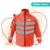 Casaca Reflex de Rappi (vista frontal) muestra el modelo de color naranja brillante para la protección del repartidor. Cuenta con un cuello alto y un cierre frontal de cremallera completa. Se prioriza la seguridad frontal con bandas reflectantes horizontales anchas en el pecho.