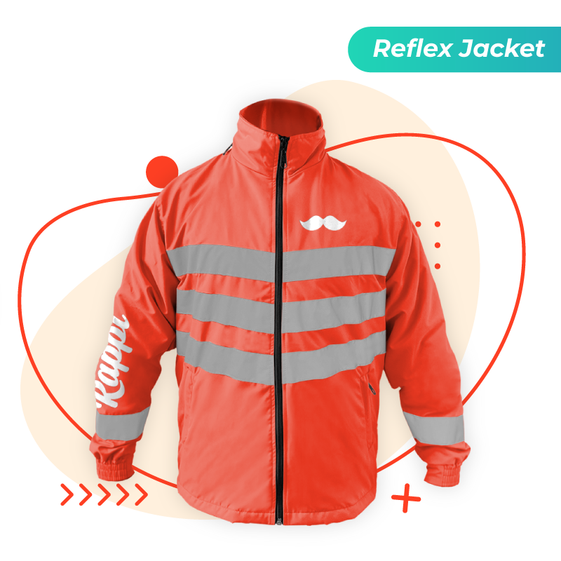 Casaca Reflex de Rappi (vista frontal) muestra el modelo de color naranja brillante para la protección del repartidor. Cuenta con un cuello alto y un cierre frontal de cremallera completa. Se prioriza la seguridad frontal con bandas reflectantes horizontales anchas en el pecho.