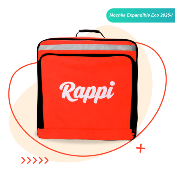 6 Maleta Rappi para domicilios color naranja resistente al agua con logo, reflectivo y manija para agarrarla