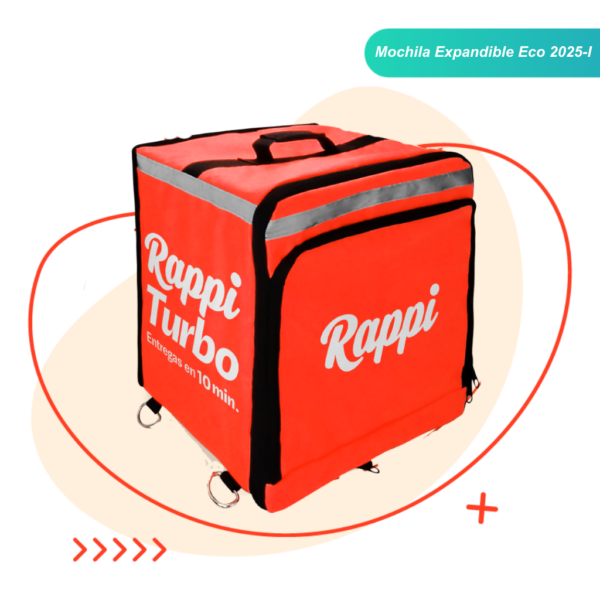 7 Maleta Rappi para domicilios color naranja de lado con reflectivo, cremalleras de alta calidad y argollas para ajustar